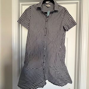 LOFT Outlet Petite, Striped Button-Front, Drop Waist, Shirt Dress - Grey & White